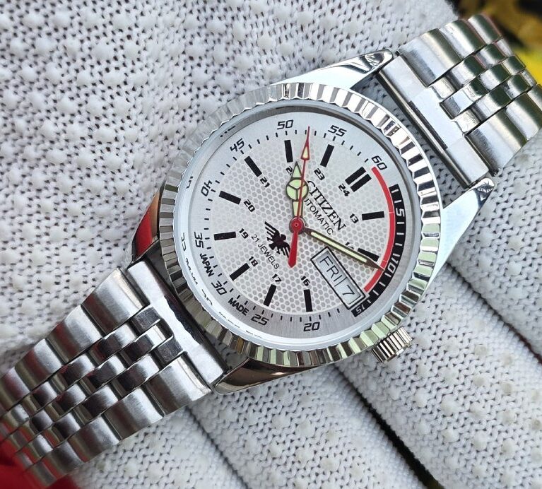 Citizen Automatic Men's steel fluted Basel 21 Jewels  Day-Date Transparent back Mod Wrist watch