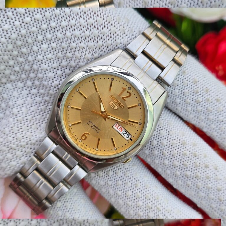 Seiko 5 Automatic Men steel transparent back 21 Jewels vintage japanese Wrist watch champagne Gold dial
