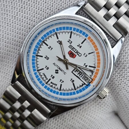 Seiko 5 Automatic Men steel back 17 Jewels vintage japanese Refurbished Mod Wrist watch champagne White dial