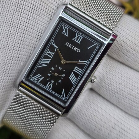 Seiko Tank Quartz Men's Silver tone Sub-Second Roman black dial Mod wrist watch