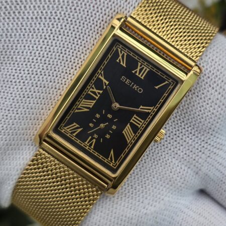 Seiko Tank Quartz Men's Gold tone Sub-Second Roman Black dial Mod wrist watch