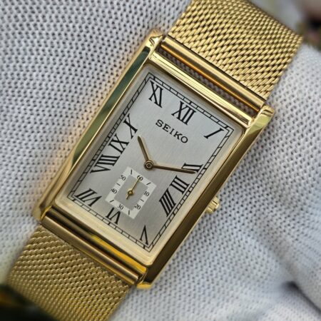 Seiko Tank Quartz Men's Gold tone Sub-Second Roman White dial Mod wrist watch