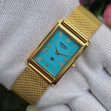 Seiko Tank Quartz Men's Gold tone sub-Second Roman Tiffany blue dial Mod wrist watch
