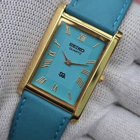 Seiko Tank Quartz Men's Gold tone sub-Second Roman Sky blue dial Mod wrist watch