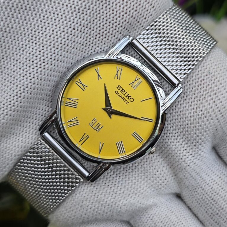 Seiko Quartz Slim Men's Silver tone Yellow dial Mod wrist watch