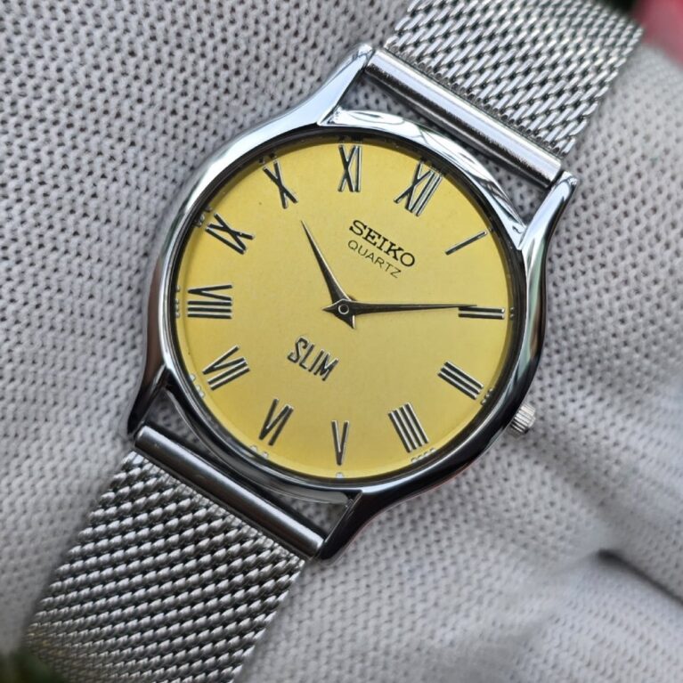 Seiko Quartz Slim Men's Silver tone Yellow dial Mod wrist watch