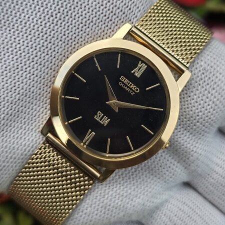 Seiko Quartz Slim Men's Gold tone Black dial Mod wrist watch