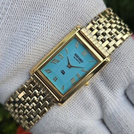 Seiko Tank Quartz Men's Gold tone Roman Tiffany blue dial Mod wrist watch