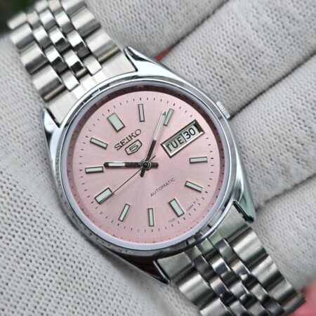Seiko 5 Automatic Men steel back 17 Jewels vintage japanese Refurbished Mod Wrist watch champagne Pink dial skeleton back