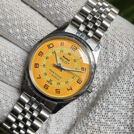HMT Pilot hand winding Men's steel transparant back 17 Jewels Mod Wrist watch Yellow Dial