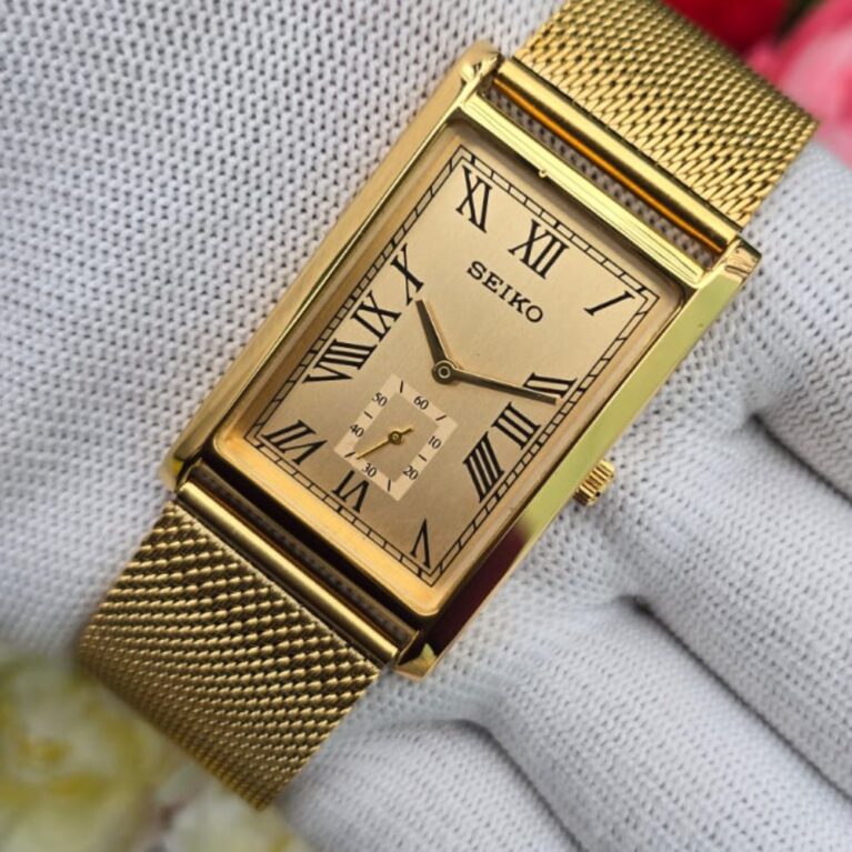 Seiko Tank Quartz Men's gold tone sub-second Roman Gold dial Mod wrist watch