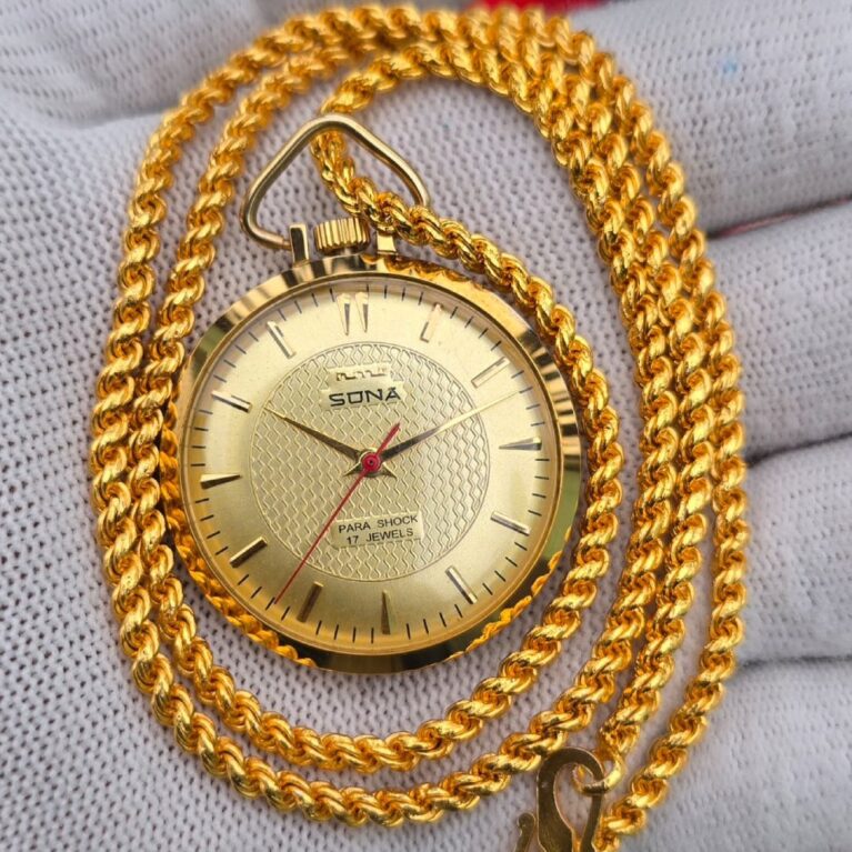 Vintage Hmt Sona Gold Pocket Watch Men's 17 Jewels Para Shock Mechanical Watch with Gold Chain