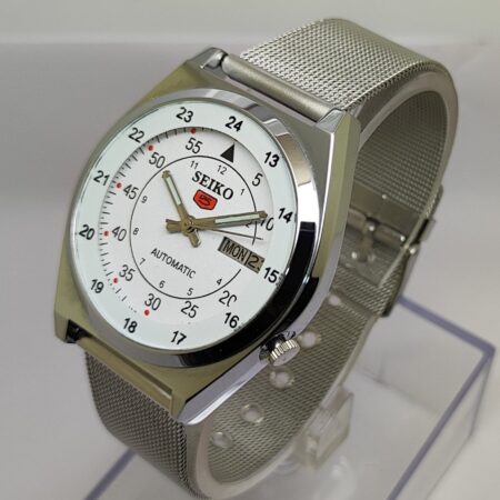 Seiko 5 Automatic Men Steel Day Date 17 Jewels Japanese Mod Wrist Watch